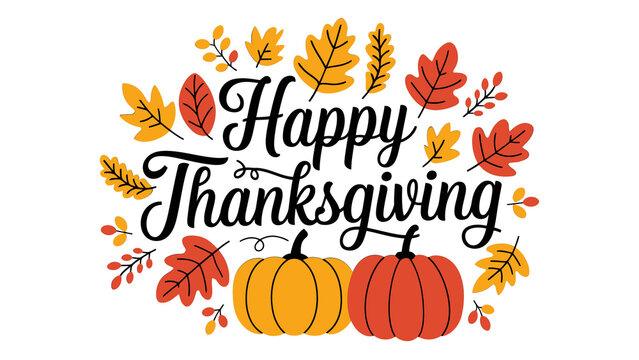 Happy Thanksgiving text inside a decorative wreath of autumn leaves and pumpkins