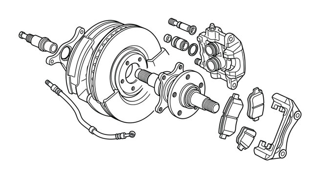 Modern Exploded View Diagram of Car Brake Caliper Assembly with Pads Rotor and Hardware in Monochrome