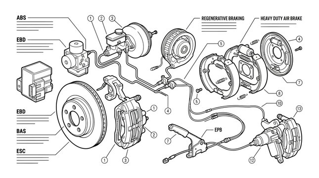 Creative Detailed Black and White Line Drawing of Vehicle Brake System Components with ABS EBD ESC EPB and Regenerative Braking