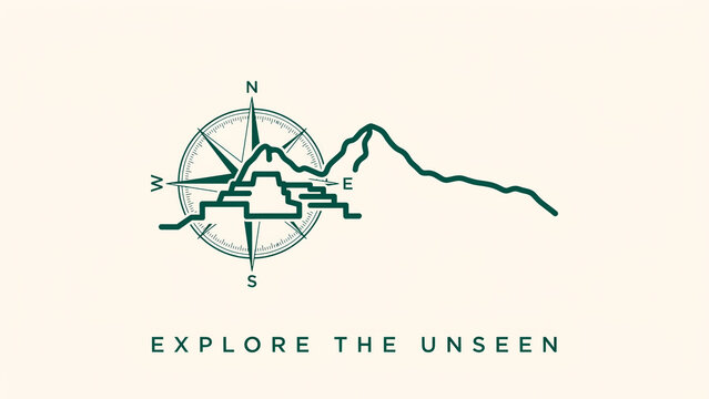 Vintage map illustration with compass rose and text explore the unseen, landform