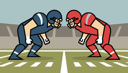 Fototapeta premium Two fierce American football players in blue and red uniforms facing off before a match on the field.