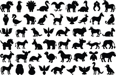 Fototapeta premium Set of black animal silhouettes on a flat design isolated on transparent background, Vector