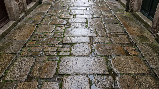Wet weathered cobblestone path in an old European alleyway after rain with moss between stone blocks