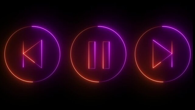 Glowing neon sounds play, and next and previous arrow button symbols icon. Music arrow button symbol. neon arrow sign.4k animation motion graphics video.