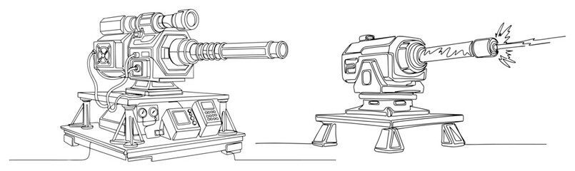 Futuristic laser turret cannons set, automated defense system for sci-fi games and technology concepts continuous line art vector © ----WWWLINE----