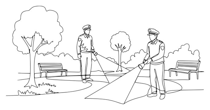 Security guards patrolling park at night with flashlights continuous line art, law enforcement and public safety concept vector illustration