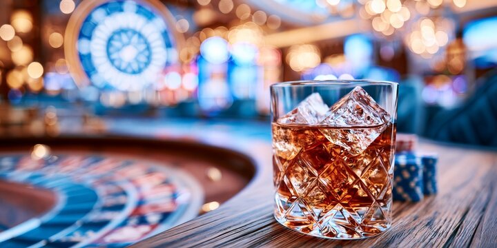 Crystal glass of whiskey with ice placed beside a roulette table inside a luxury casino featuring elegant lights and entertainment atmosphere with shallow depth of field.