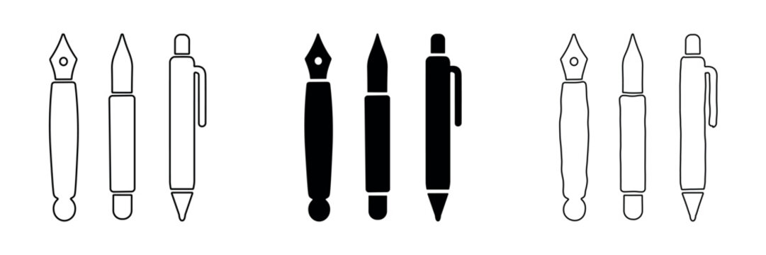 Collection of pen and writing instrument icons in outline and solid styles