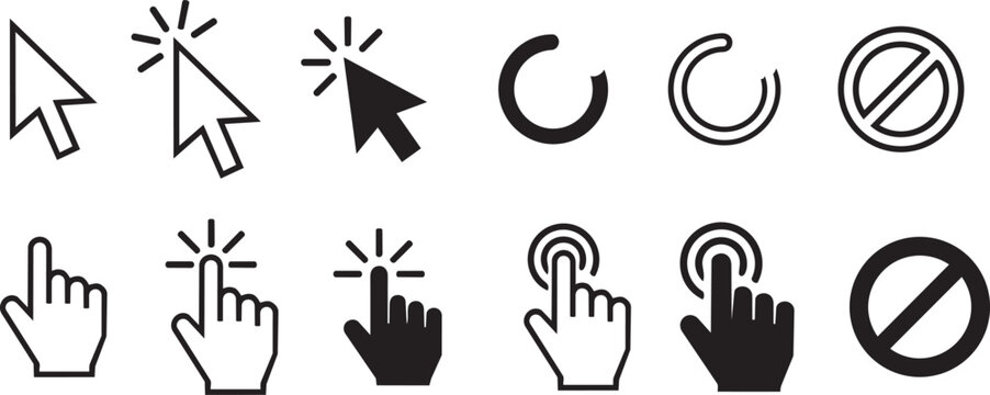 Computer Mouse Cursor and Hand Click Pointer Icon Set, Loading Buffering Symbols and Blocked Sign Vector
