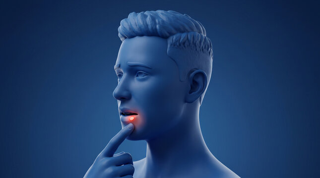 3D illustration of a man suffering from a mouth ulcer