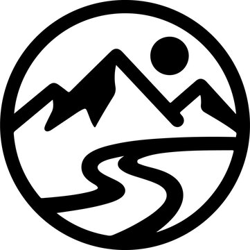 Mountain landscape icon, black silhouette, circular symbol, nature logo
