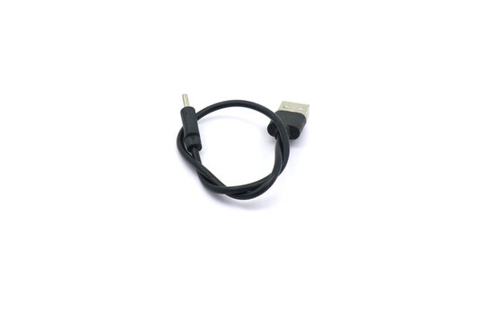 A black USB cable on a white background. A USB cable for data transfer.