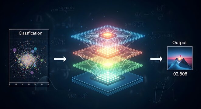 Neural network learning process depicted with layers data classification transforming into image output.
