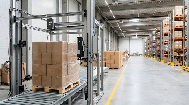 automated pallet height measuring station verifying freight dimensions before warehouse storage shipping compliance and intelligent logistics processing