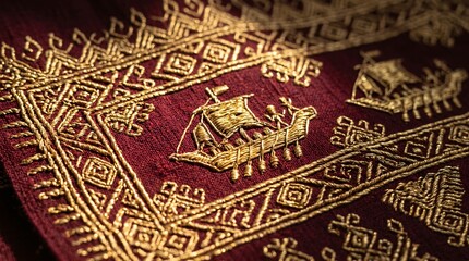 Naklejka premium Traditional Lampung tapis ceremonial textile close-up, intricate gold thread embroidery with ship and geometric motifs on deep wine red base, Indonesian Sumatera heritage luxury fabric