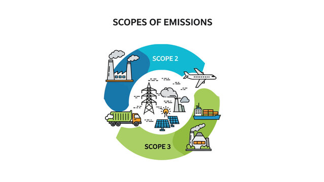 Carbon Footprint Infographic circular diagram illustrating Scope 1, 2, and 3 emissions with industrial icons ideal for environmental reports and corporate sustainability presentations.
