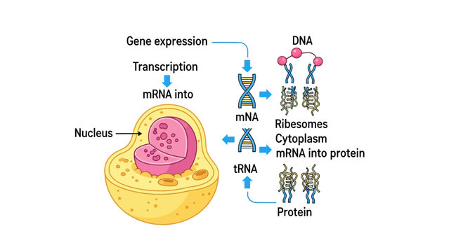Scientific Gene Expression Diagram illustrating transcription and translation from nucleus to protein synthesis ideal for educational textbooks and medical research articles.