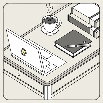 Laptop on a desk with a notebook pen a cup of coffee go getter notebook computer productivity workplace stationery business education creativity organization professional