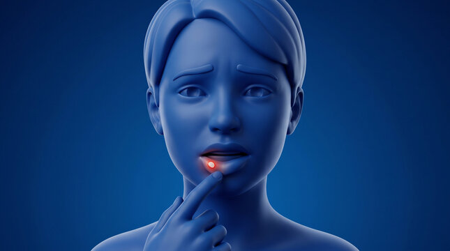 3D illustration of a man suffering from a mouth ulcer
