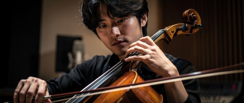 Young male musician playing cello in modern studio with focus on technique and emotion, capturing the essence of classical music performance