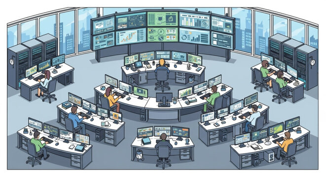 large modern computer control room with multiple workstations and users monitoring digital screens for data analysis and oversight