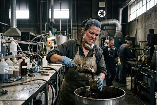 A stressed worker sampling toxic sulfur sludge at a gas odorization and desulfurization facility