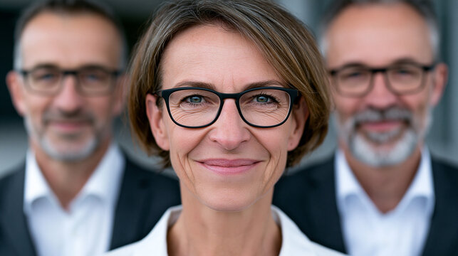 Businessfrau mit Brille l&auml;chelt scharf vor zwei Kollegen im B&uuml;ro-Bokeh