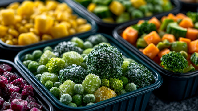 Selection of colorful frozen vegetable mixtures in black food containers with vegetables