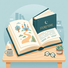 Fototapeta premium Cozy Storytime Scene With Open Book And Coffee Cup