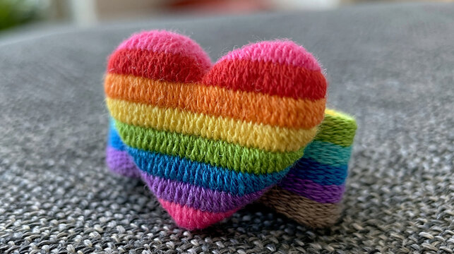 Herzf&ouml;rmiges Regenbogenherz aus Wolle, geh&auml;kelt, auf grauem Stoff