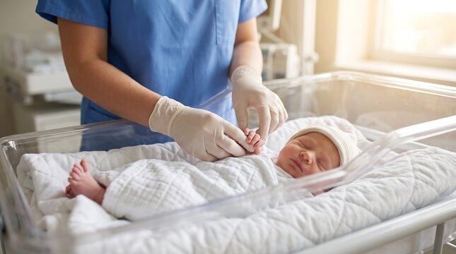Caring nurse hands gently checking newborn baby health in hospital room crib