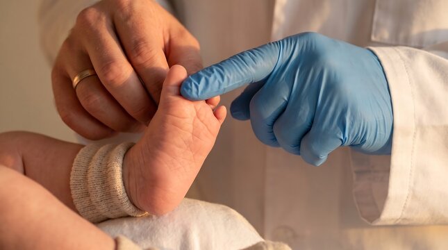 Pediatrician checking newborn baby tiny foot reflex during routine physical wellness exam