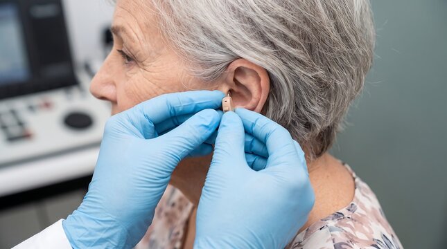 Professional audiologist fitting a modern invisible hearing aid device for an elderly woman