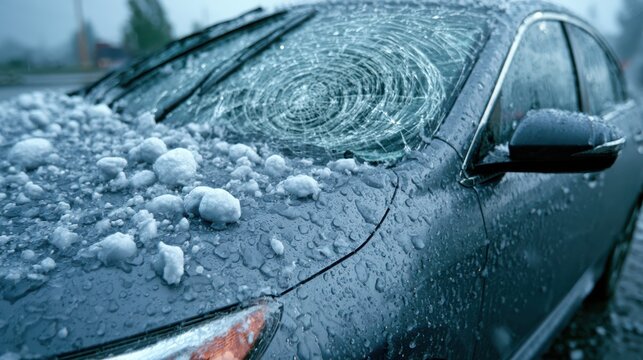 A car windshield is shattered and covered with hailstones after a severe hailstorm, with rain droplets visible on the surface.