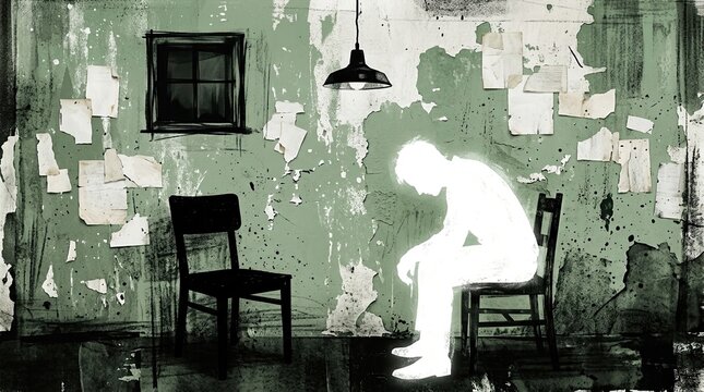 An abstract distressed illustration of a luminous hunched figure sitting on a chair in a dimly lit dilapidated room with peeling paint and scattered papers on the wall with glowing figure seated dark