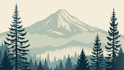 Stylized Illustration Of A Mountain Landscape With Pine Trees And Layered Mountain Ranges mountains peak summit alpine © Gouranga