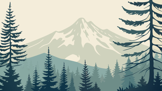 Stylized Illustration Of A Mountain Landscape With Pine Trees And A Pale Sun alpine aspen backdrop birch