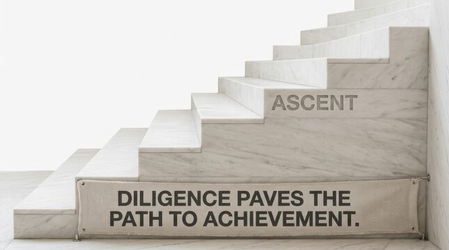 Marble stairs with motivational text promoting diligence and ascent