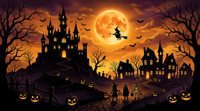 Spooky castle at halloween night