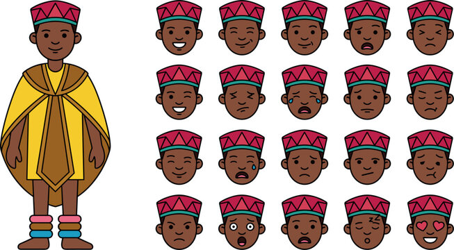 African Boy Character Sprite Sheet Vector Set with Traditional Dashiki Kufi Hat Clothing and Twenty Diverse Facial Emoji Expressions