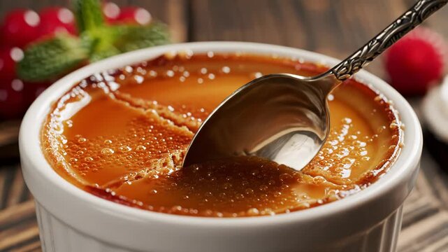Creme Br&ucirc;l&eacute;e Caramel Dessert, suitable for food videos, dessert commercials, and baking content.