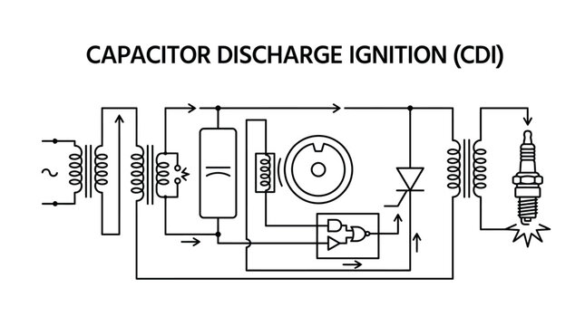 Minimalist Black and White Diagram of Capacitor Discharge Ignition CDI System with Key Components