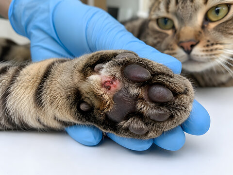 Veterinary Examination of a Tabby Cat Showing an Injured Paw Pad Being Checked by a Professional in Blue Medical Gloves