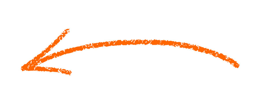 Leftward arc arrow drawn with orange crayon chalk texture on white background. Curved return pointer indicator sign for chalkboard business presentation layout element clip art.