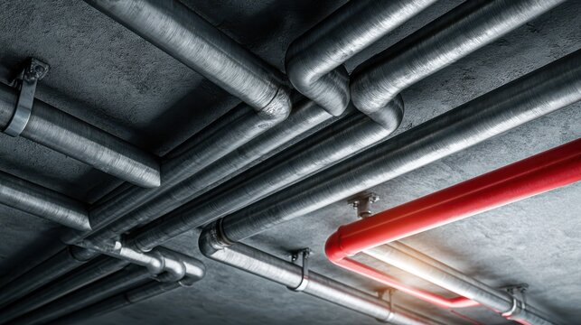 Industrial ceiling with metallic pipes and a single red fire sprinkler pipe in an engineered, modern facility setting.
