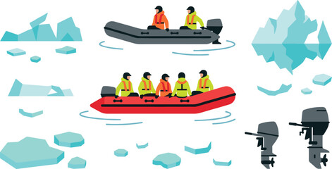 Arctic Expedition Rigid Inflatable Boat Vector Set with Zodiac Cruise Tourists Icebergs Pack Ice and Outboard Motor Assets © Sobuj