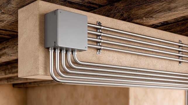 Neatly arranged metal electrical conduits leading into a gray junction box mounted on a beige wall with wooden beams above.