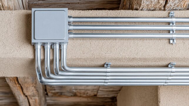 Metal electrical conduit pipes neatly installed on a wall with a junction box, showing organized wiring in a rustic interior.
