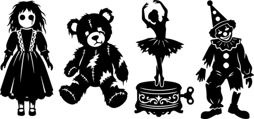 Teddy Bear and Ballerina Silhouette Set – Stuffed Bear, Dance Pose, Toy Character Icons  © MinhajulIslam
