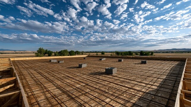 A wide view of a concrete foundation under construction with metal rebar grid, surrounded by open fields and a partly cloudy sky.
